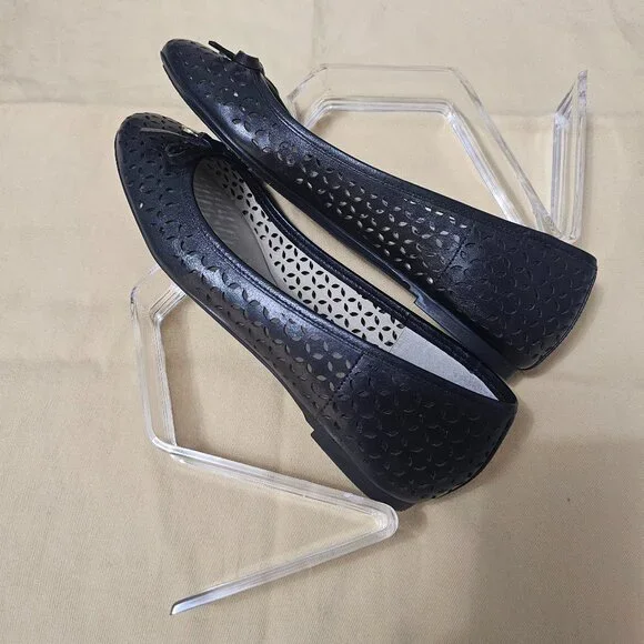 Michael Kors Fulton Liana Black Perforated Leather Flats Gold MK Logo Size 6 - Picture 9 of 11
